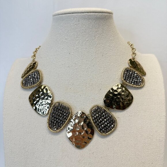 Statement Collar Necklace Hammered Gold-Tone Metal Marcasite Adjustable - Picture 1 of 6